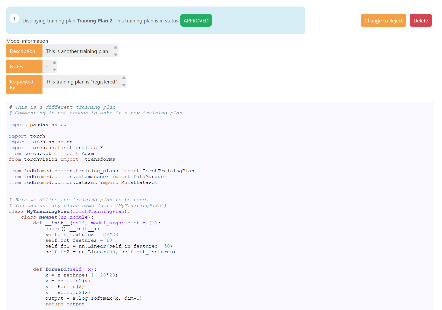 Full code of the training plan submitted by the researcher, ready for review.