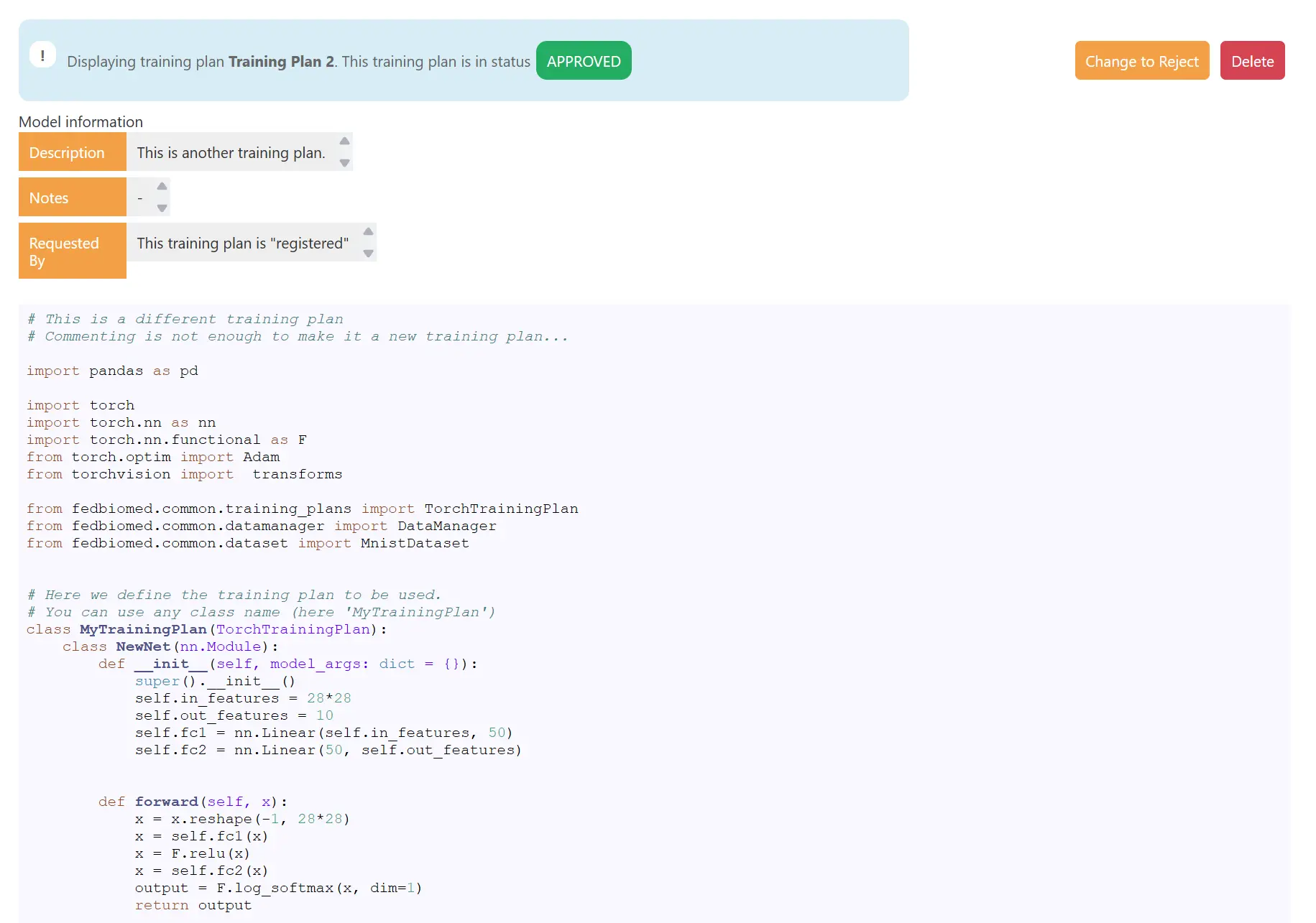Full code of the training plan submitted by the researcher, ready for review.