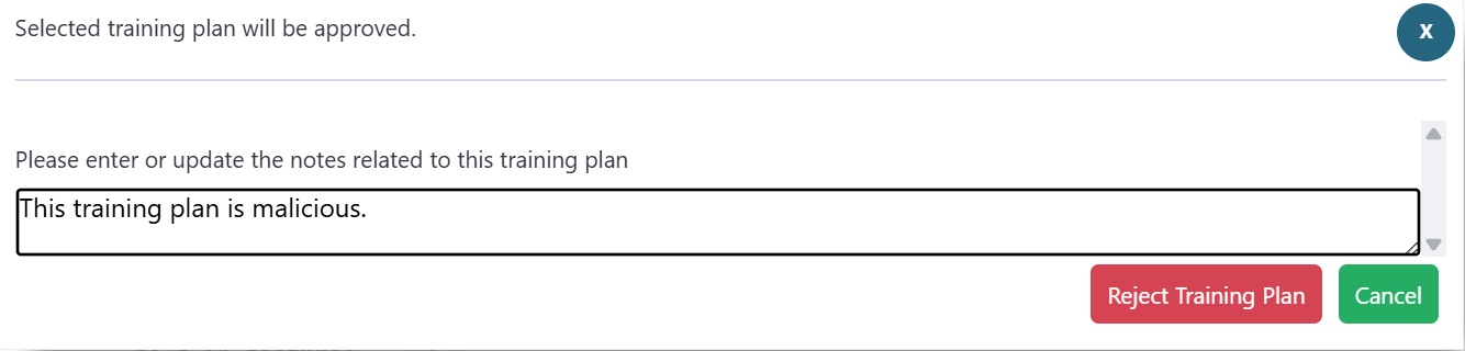 The rejection dialog lets the administrator attach an explanatory note for the researcher.