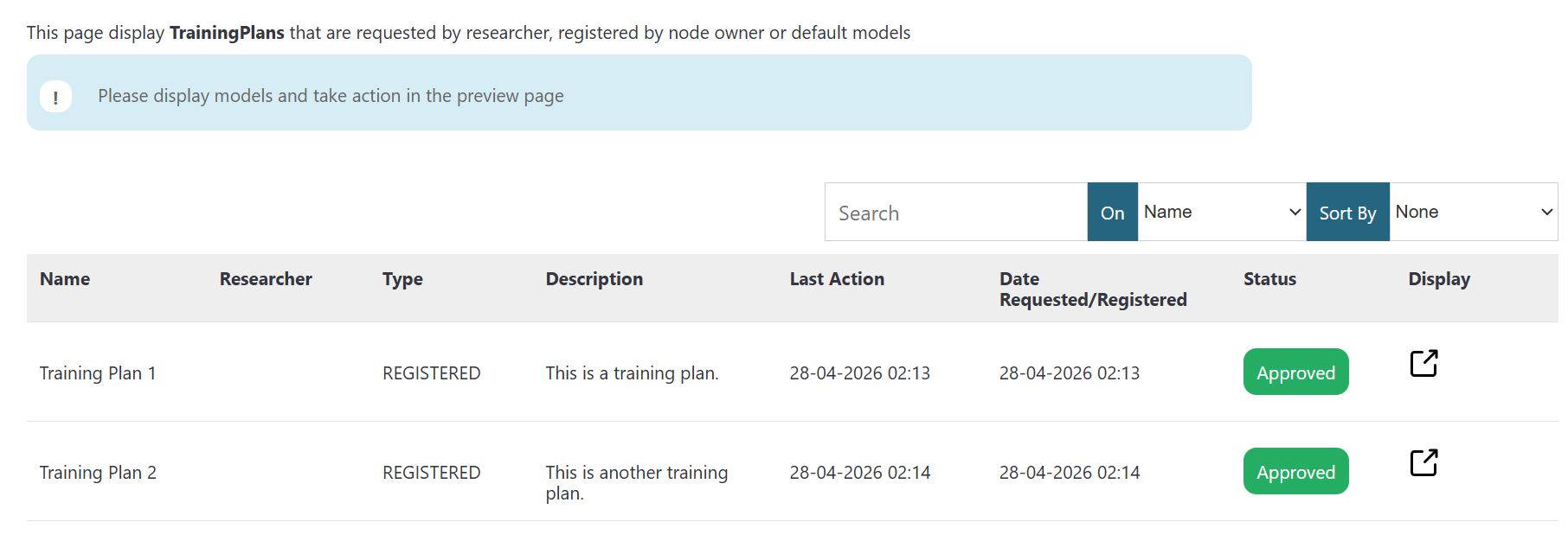 The list of submitted training plans with their current approval status.